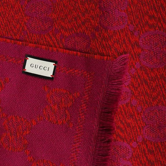 NEW GUCCI GG Jacquard Wool Scarf in Red And Pink $590 Authentic - Picture 2 of 7